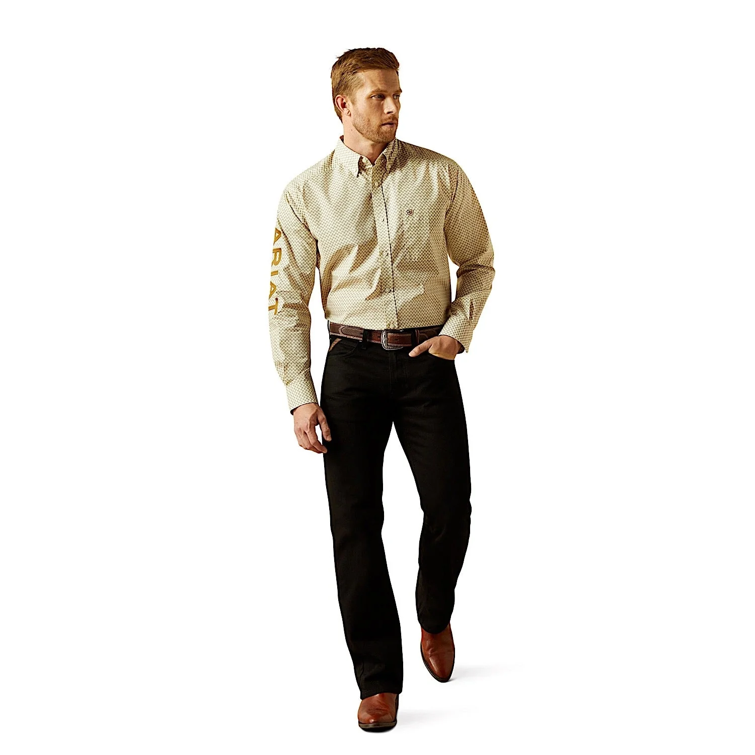 Ariat Men's Team Pierce Classic Fit Shirt - Cream/Light Brown - Image 3