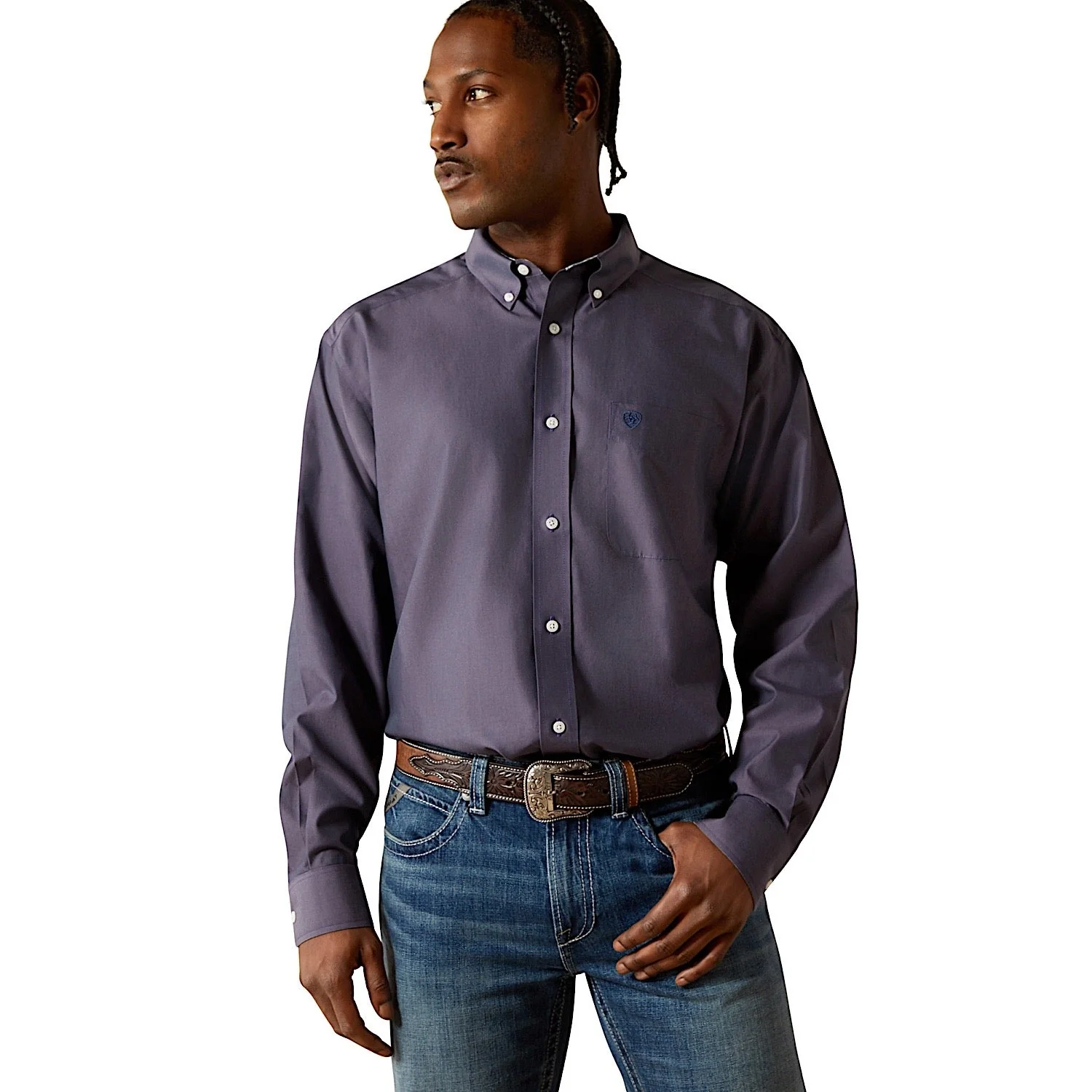 Ariat Men's Wrinkle Free Solid Pinpoint Oxford Classic Fit Shirt - Navy