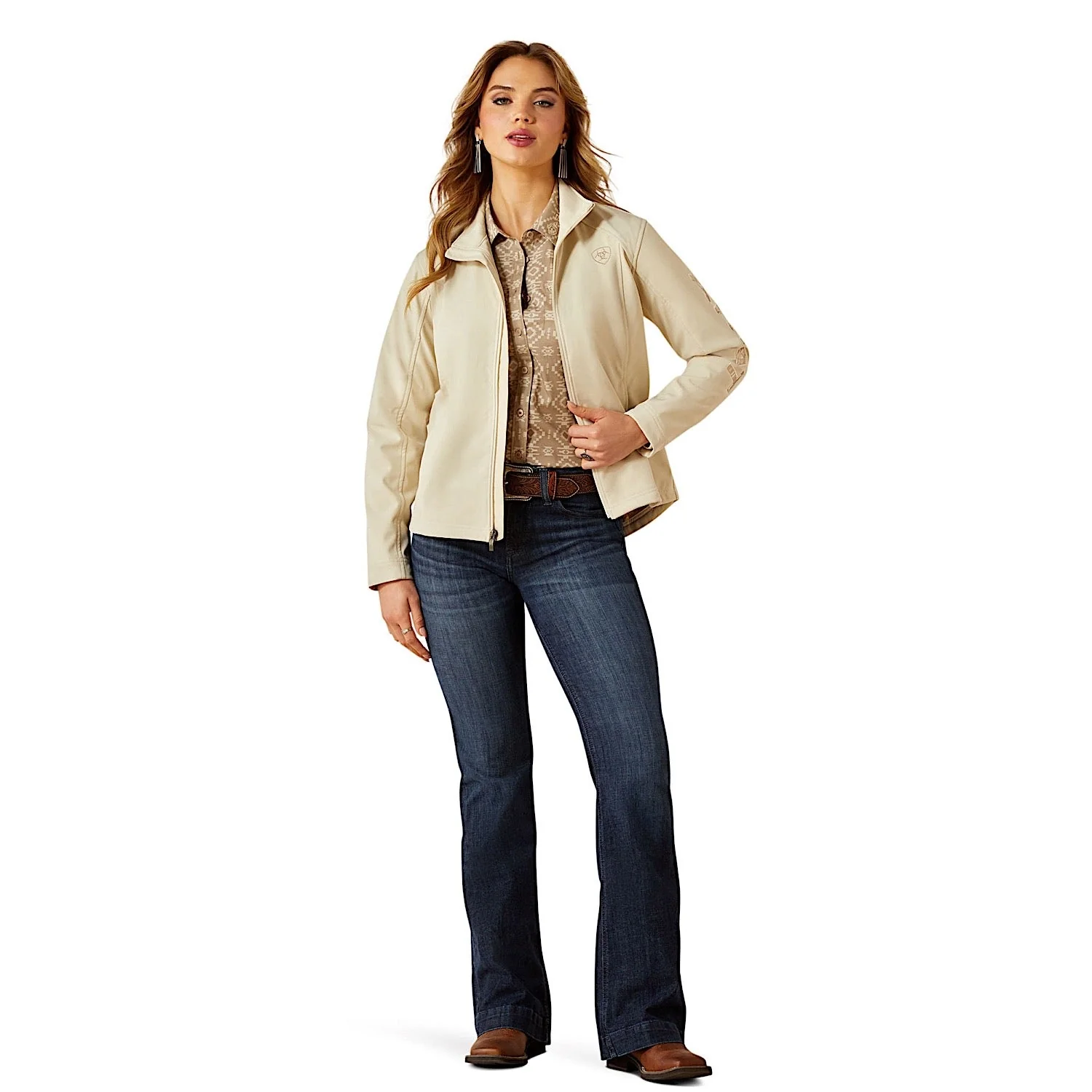 Ariat Women's Logo Softshell Jacket - Oyster Gray/Dune - Image 3