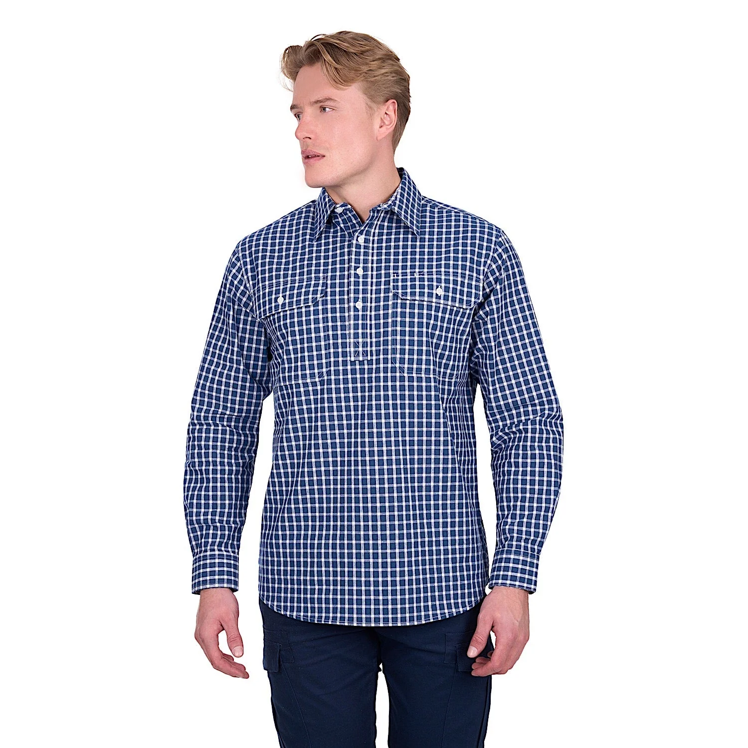 Hard Slog Men's Alden 1/2 Placket Shirt - Navy/White