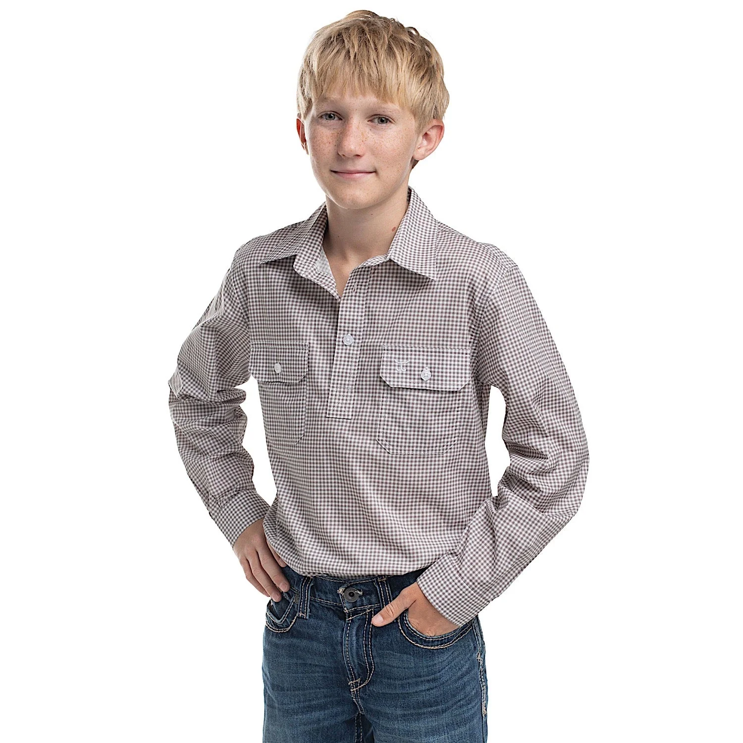 Just Country Boy's Brayden Half Button Print Workshirt - Smoke Grey/White Mini Check