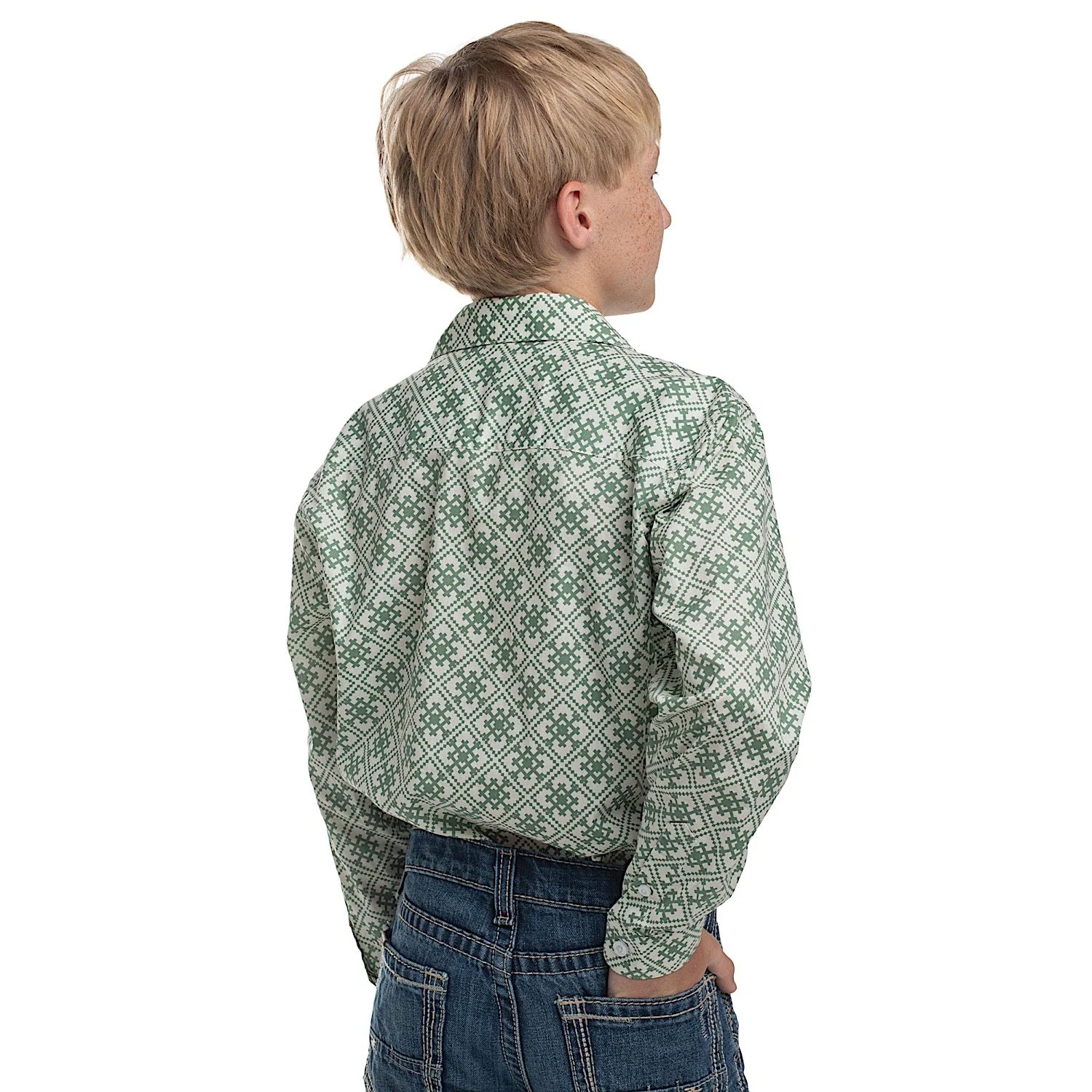 Just Country Boy's Brayden Half Button Print Workshirt - White/Eucalyptus Tile Print - Image 2