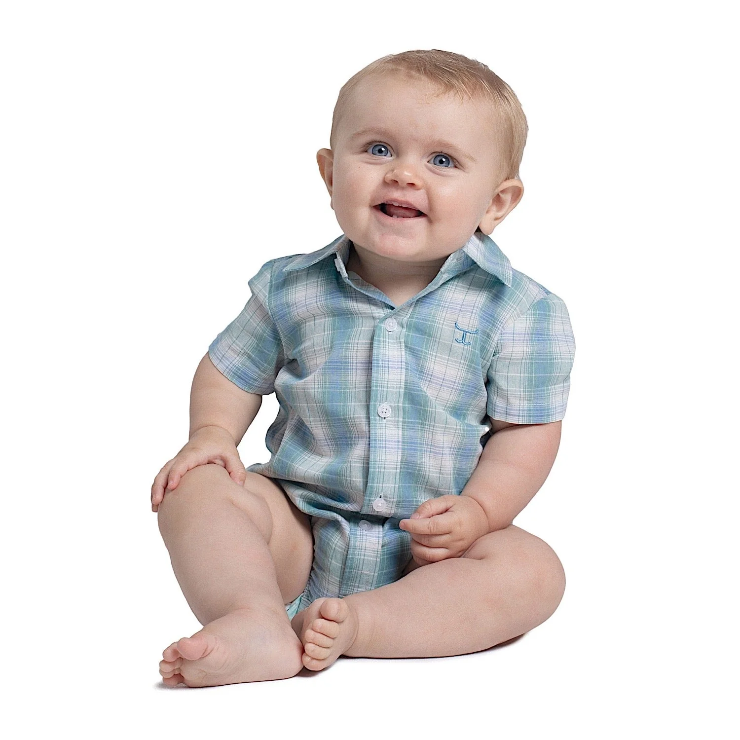 Just Country Infant Frankie Short Sleeve Full Button Check Jumpsuit - Riviera Blue / Sea Green Plaid