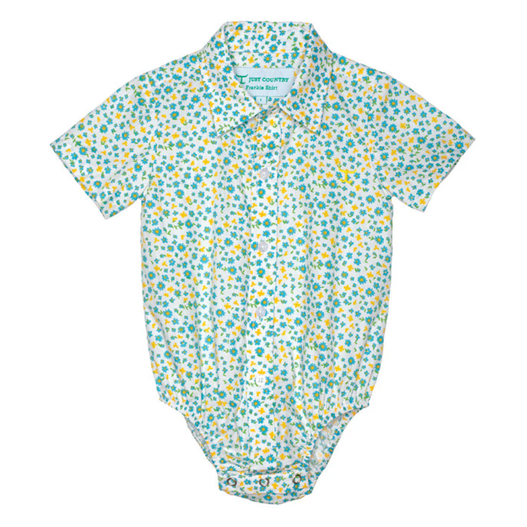 Just Country Infant Frankie Short Sleeve Full Button Jumpsuit - White/Blue Daisies