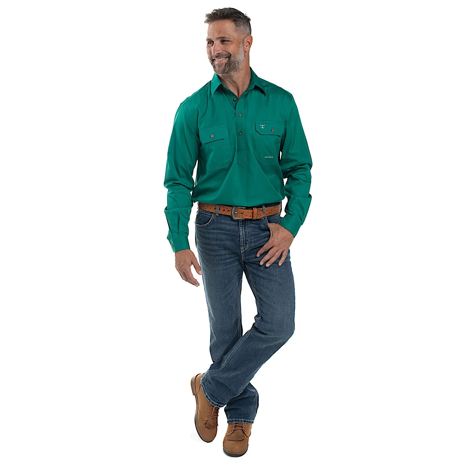 Just Country Mens Cameron 1/2 Button Work Shirt Dark Green - Image 3