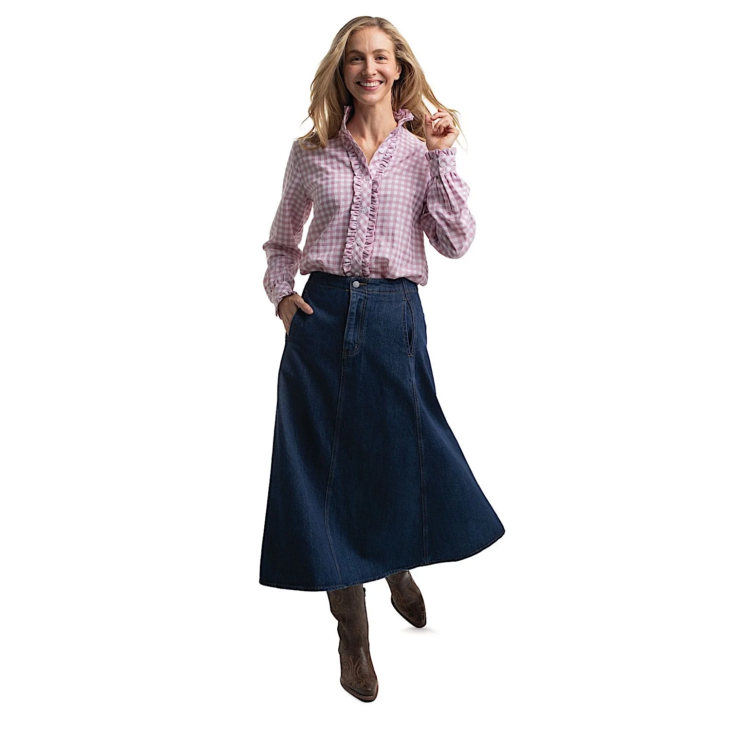 Just Country Women's Abbey Frills Full Button Check Workshirt - Berry & White Check - Image 3