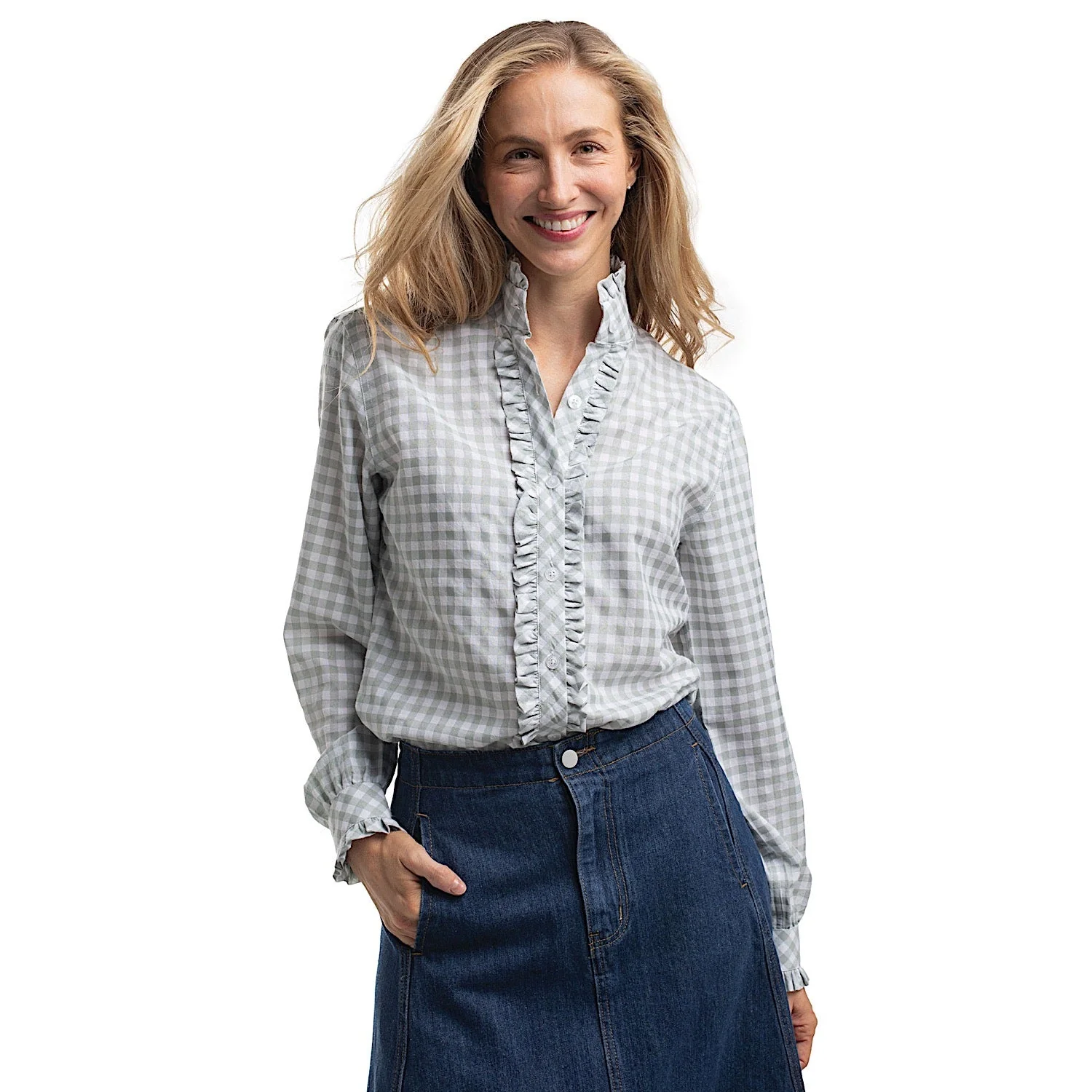 Just Country Women's Abbey Frills Full Button Check Workshirt - Sage & White Check