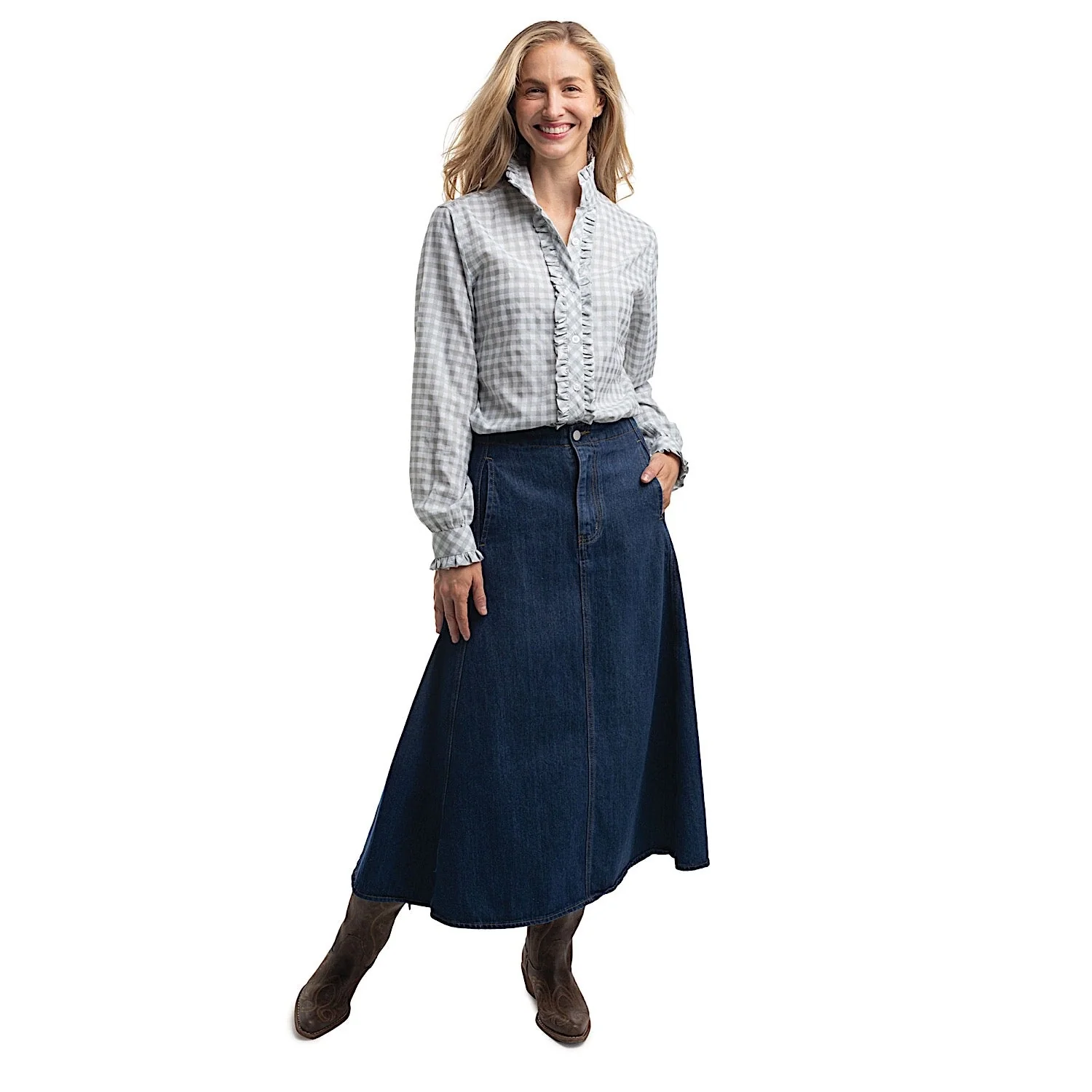 Just Country Women's Abbey Frills Full Button Check Workshirt - Sage & White Check - Image 3