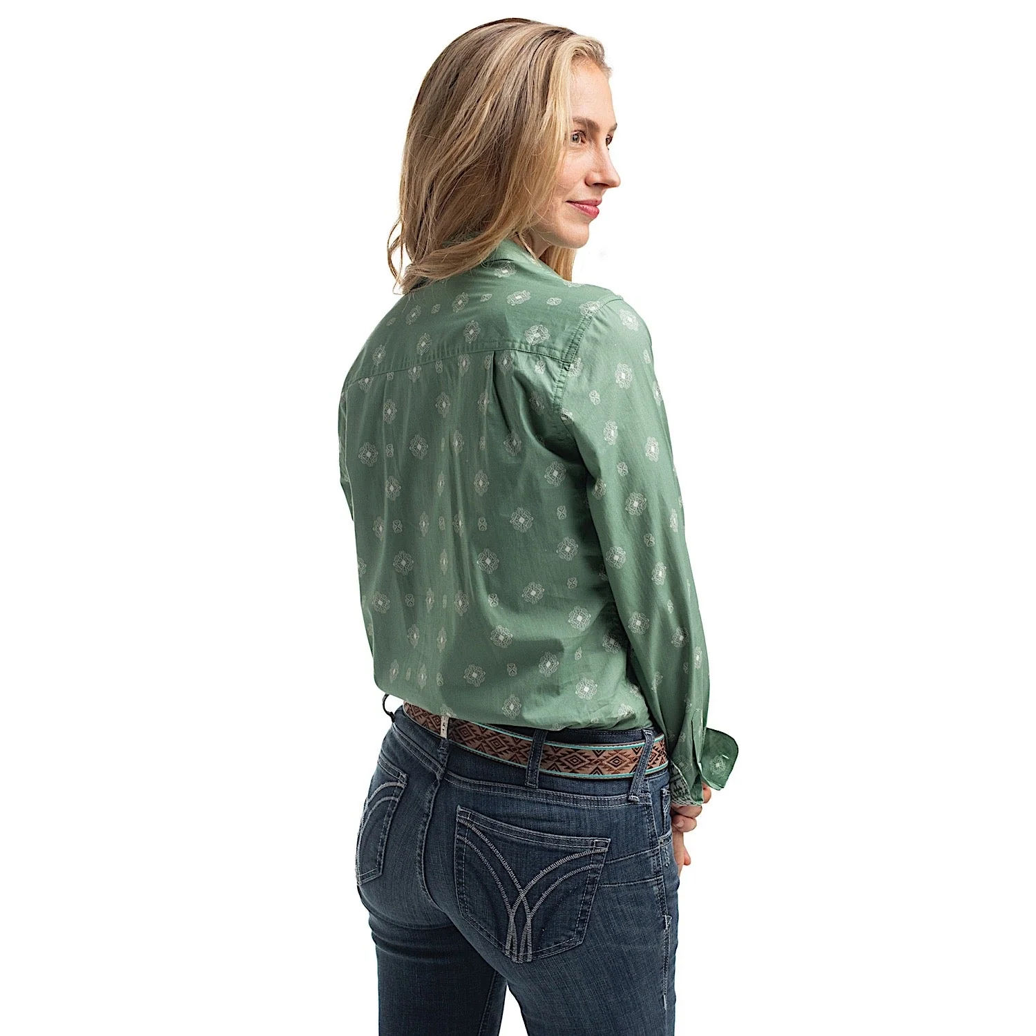 Just Country Women's Abbey Full Button Print Workshirt - Eucalyptus & White - Image 2