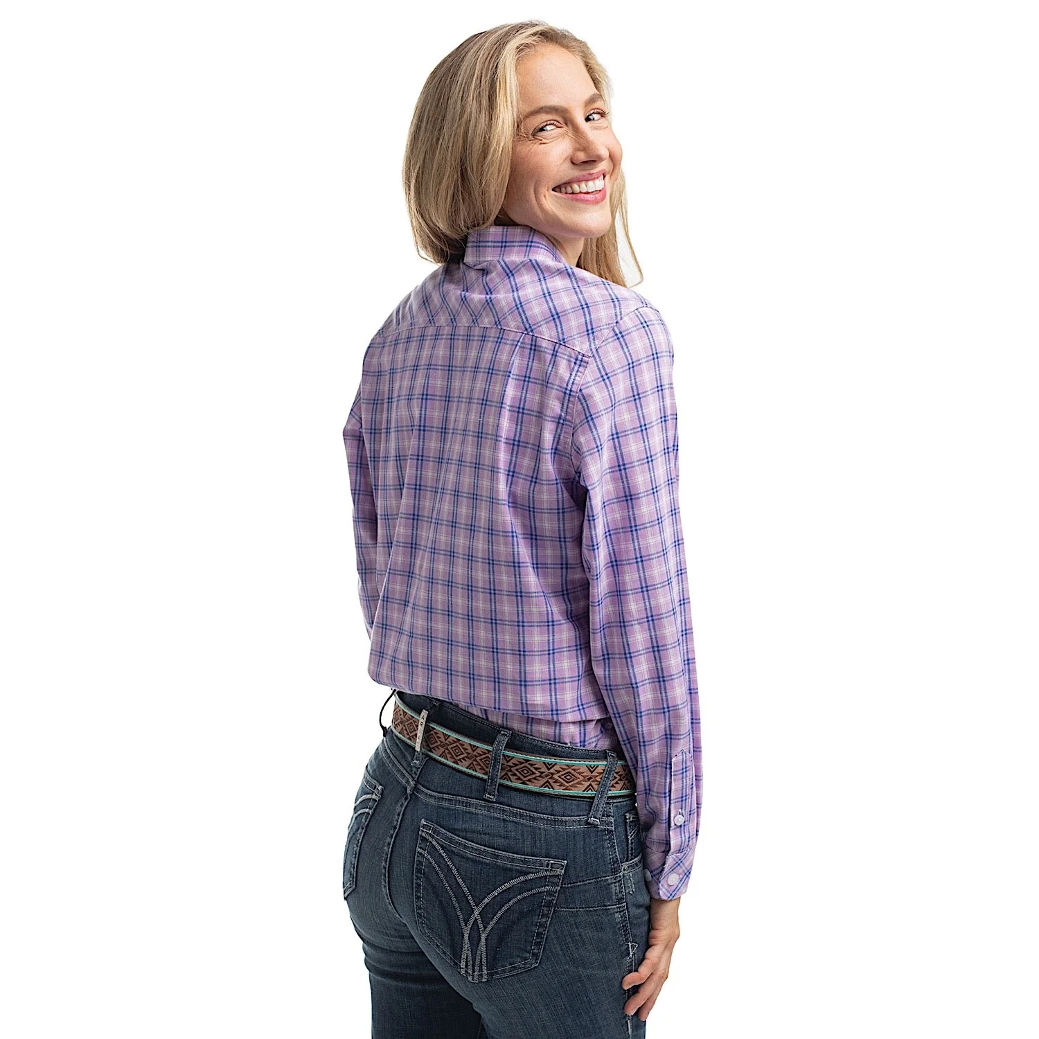 Just Country Women's Georgie Half Button Check Work Shirt - Orchid & Royal Blue - Image 2