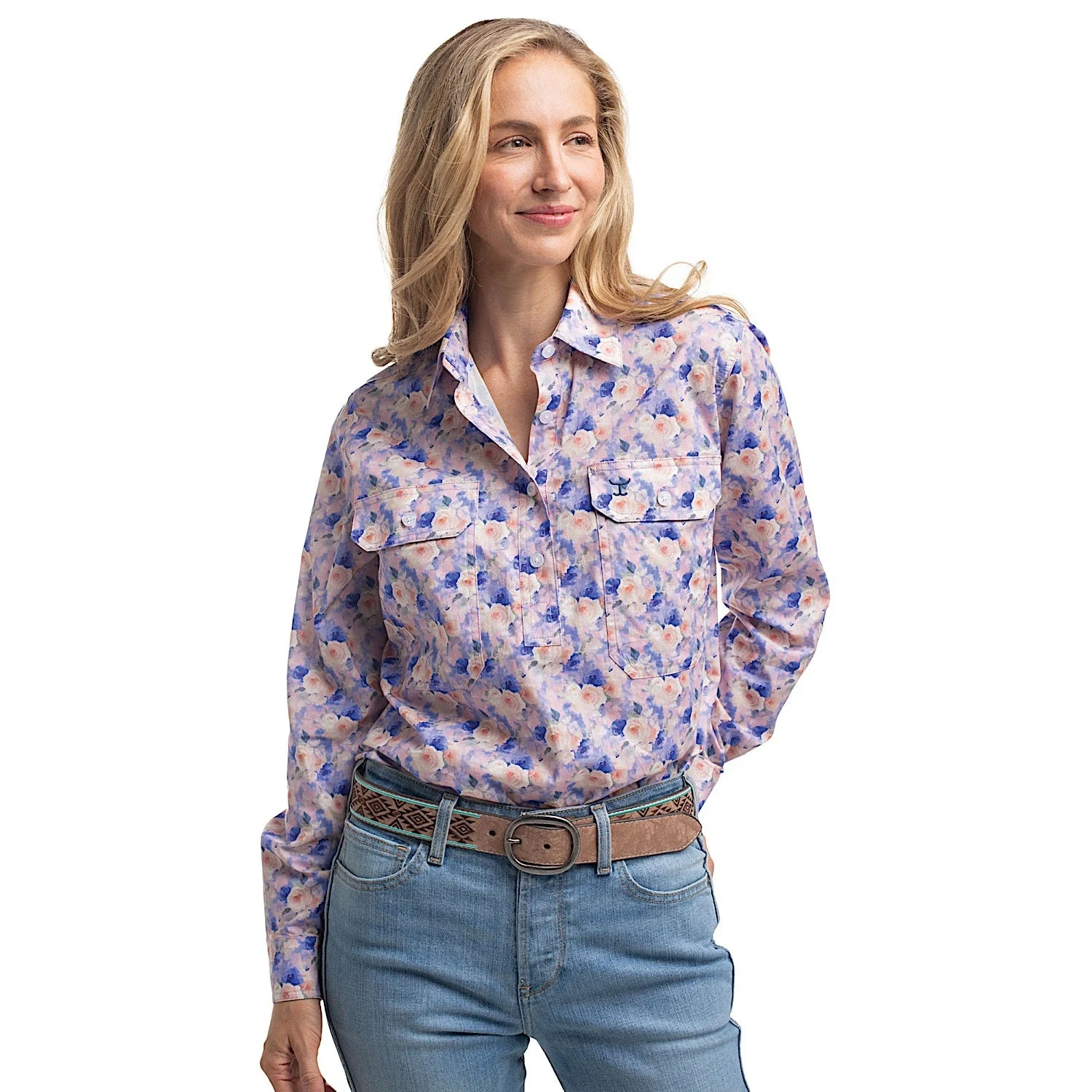 Just Country Women's Georgie Half Button Print Work Shirt - Blue & Baby Pink Watercolour Roses