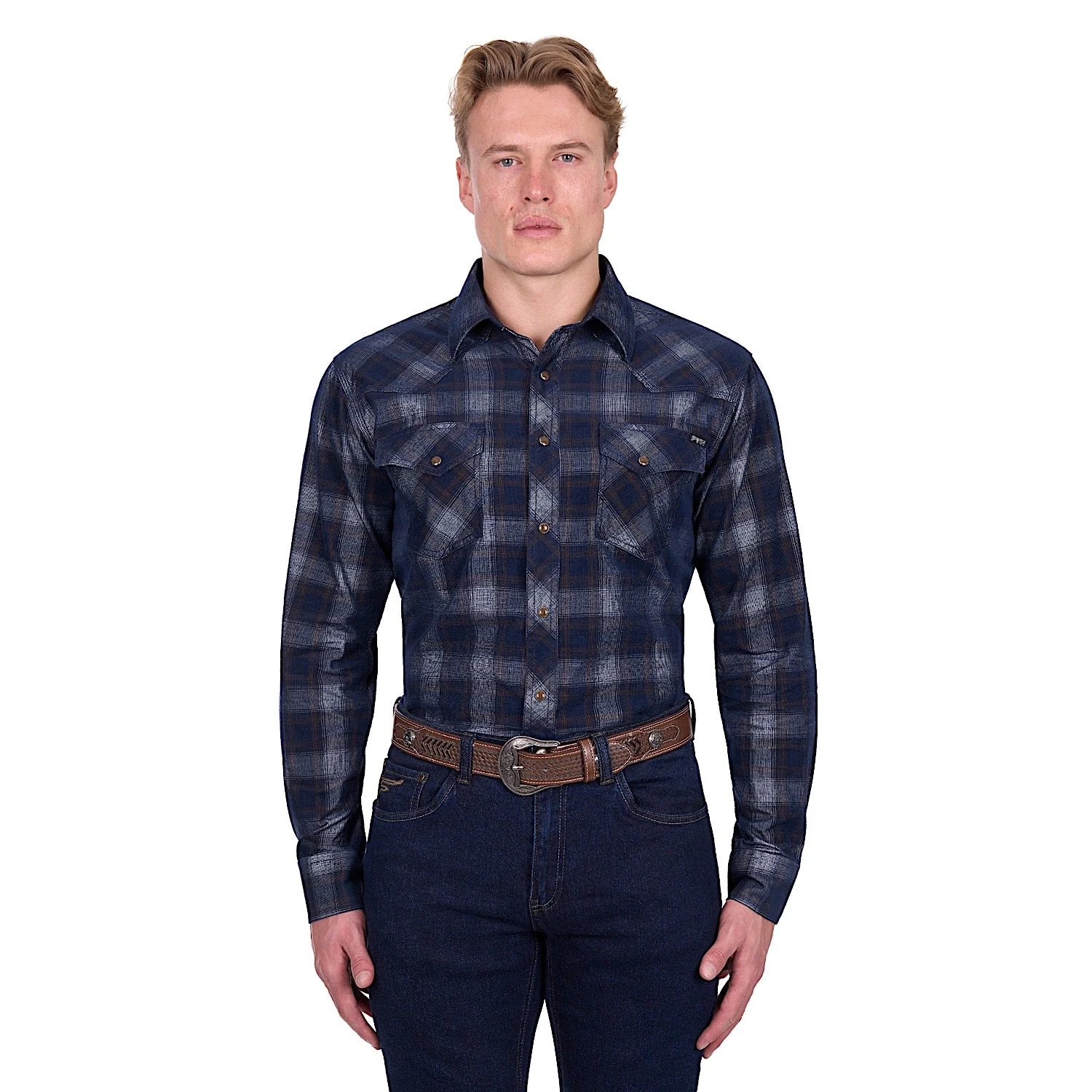 Pure Western Men's Harley Shirt - Navy/Tan - Image 2
