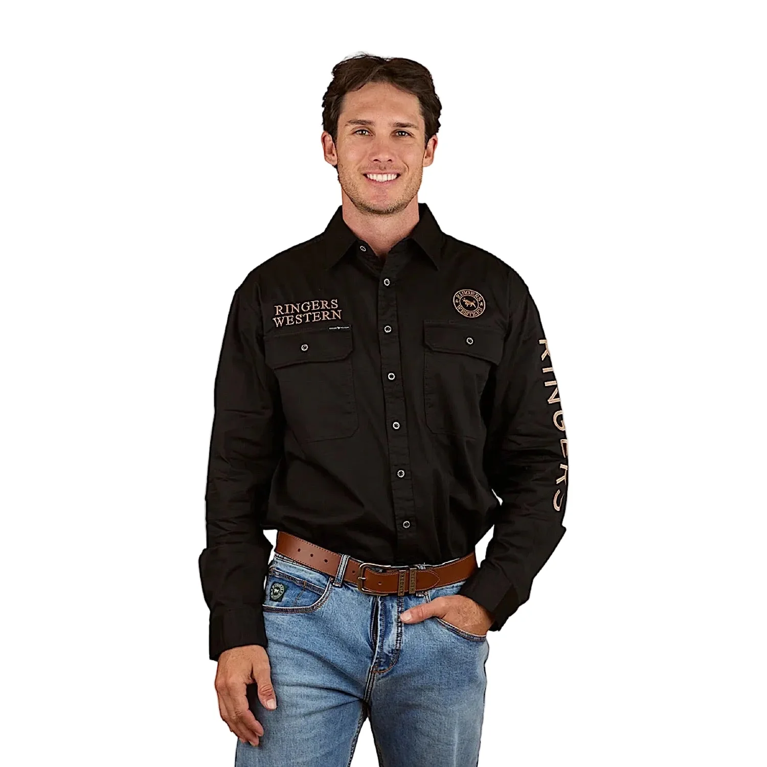 Ringers Western Men's Hawkeye Printed Full Button Work Shirt - Black/Clay