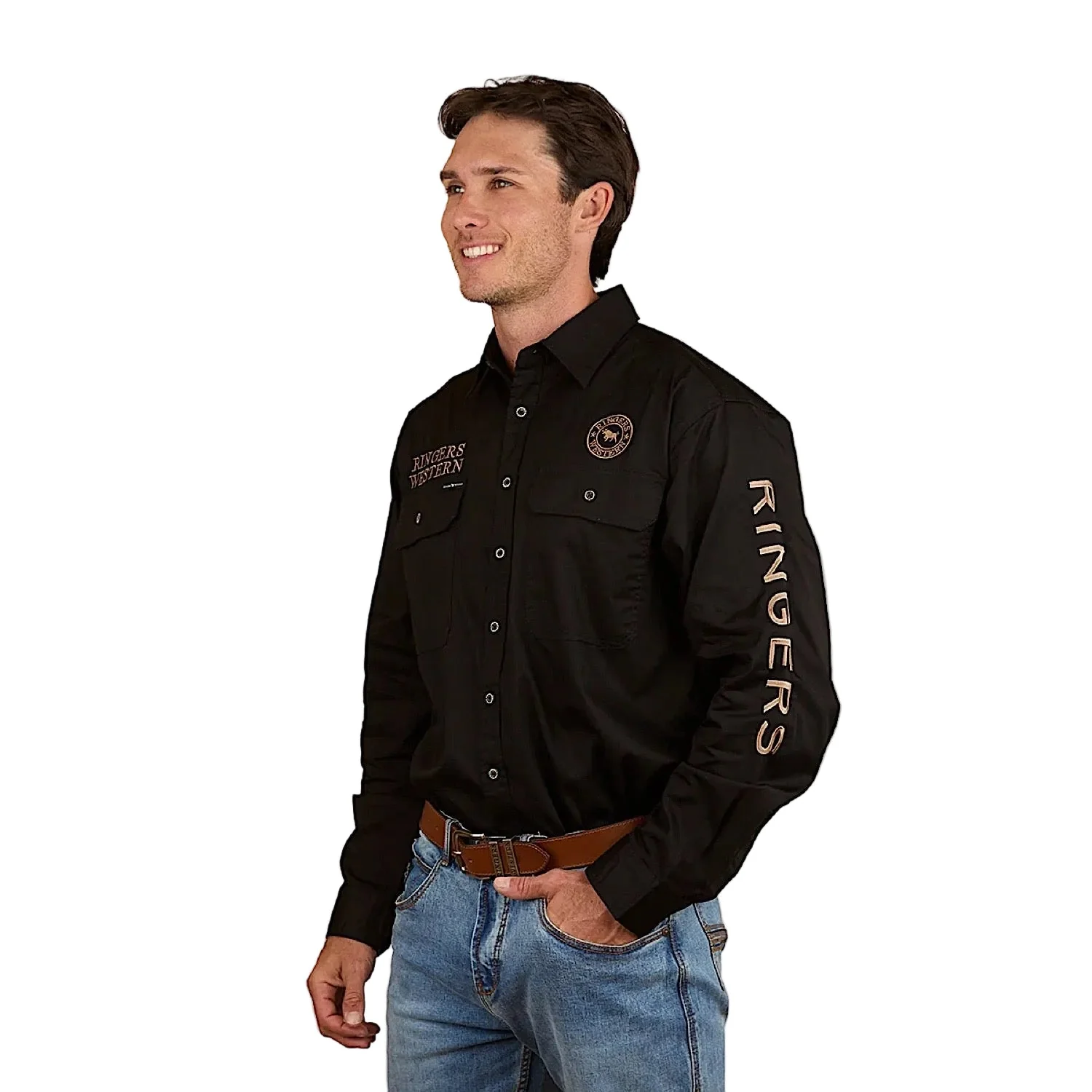Ringers Western Men's Hawkeye Printed Full Button Work Shirt - Black/Clay - Image 3