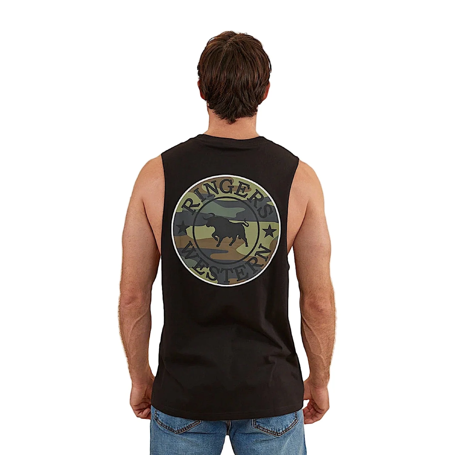 Ringers Western Signature Bull Men's Muscle Tank - Black/Camo - Image 2