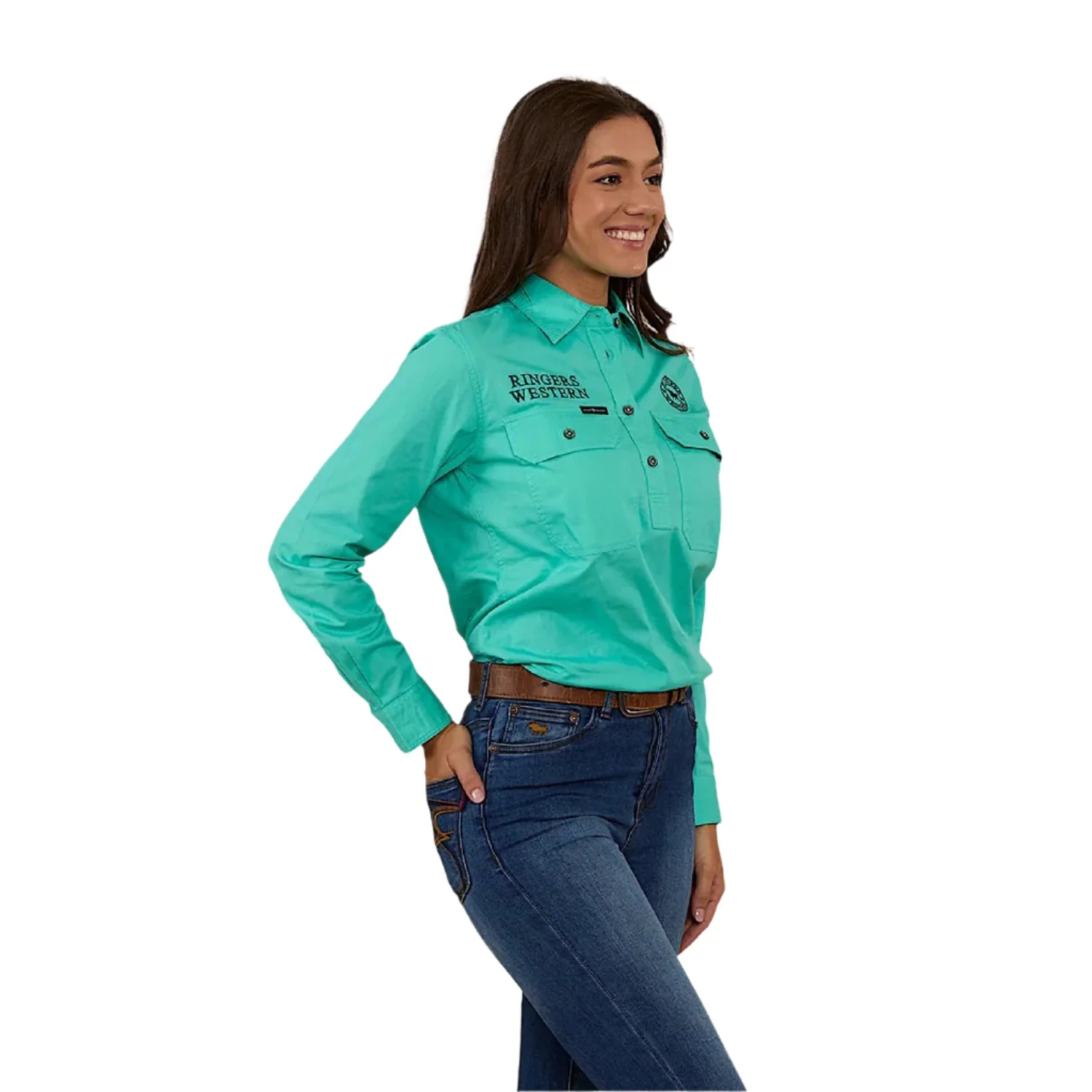 Ringers Western Women's Signature Jillaroo Half Button Work Shirt - Mint/Navy - Image 3