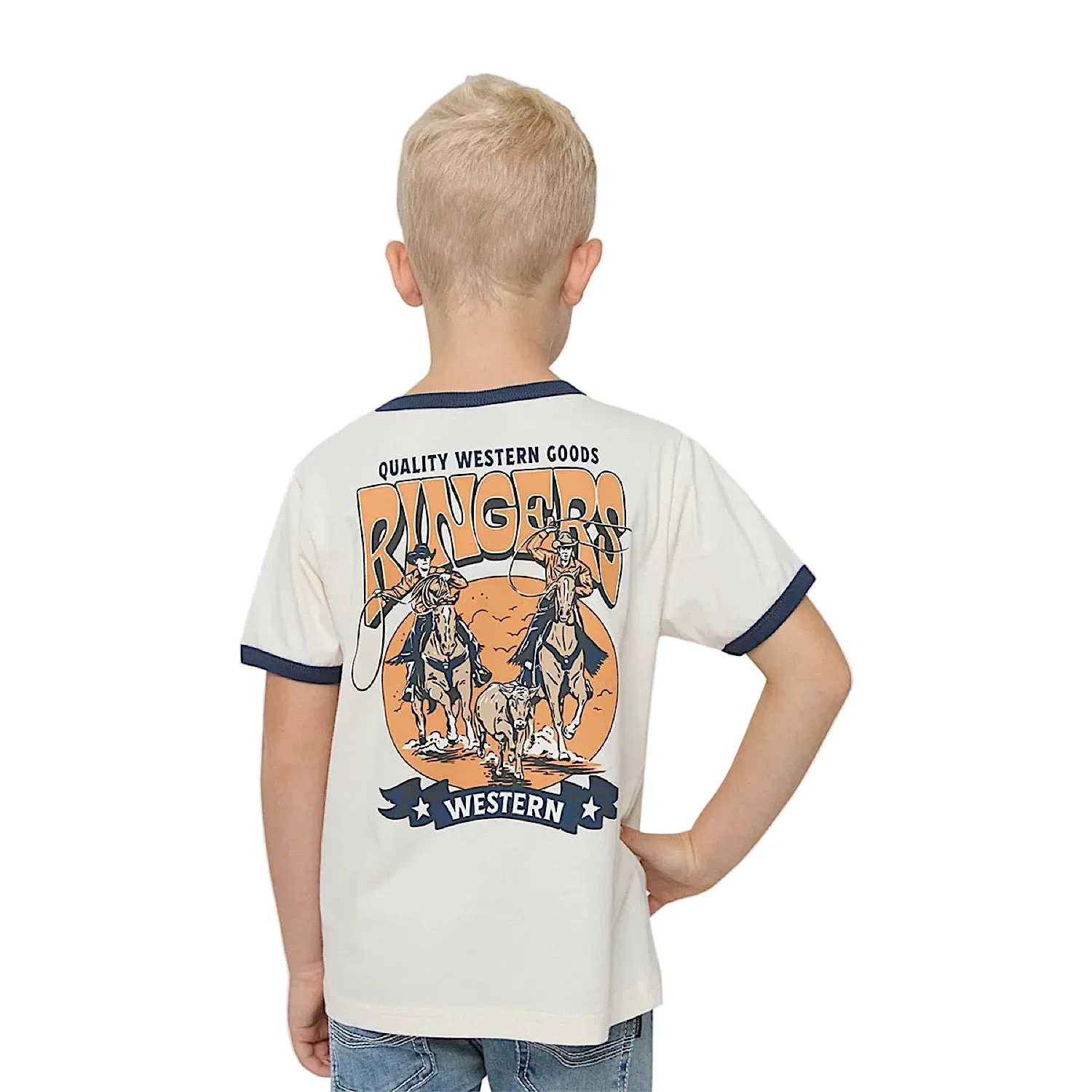 Ringers Western Boys Dust N Ropes Ringer T-Shirt - Off White/Blue - Image 2