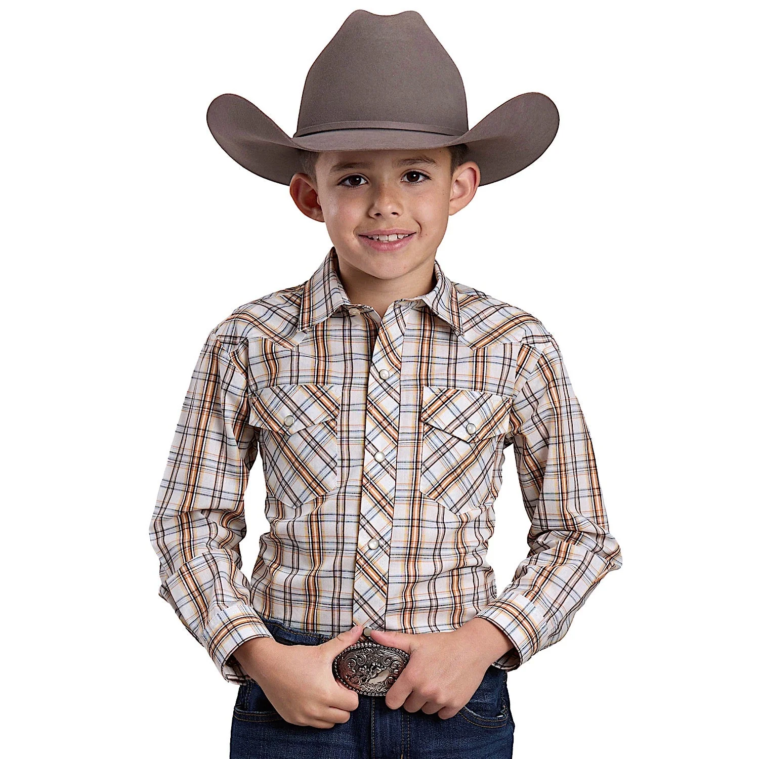 Roper Boy's Karman Classic Collection Shirt - Plaid Cream / Orange