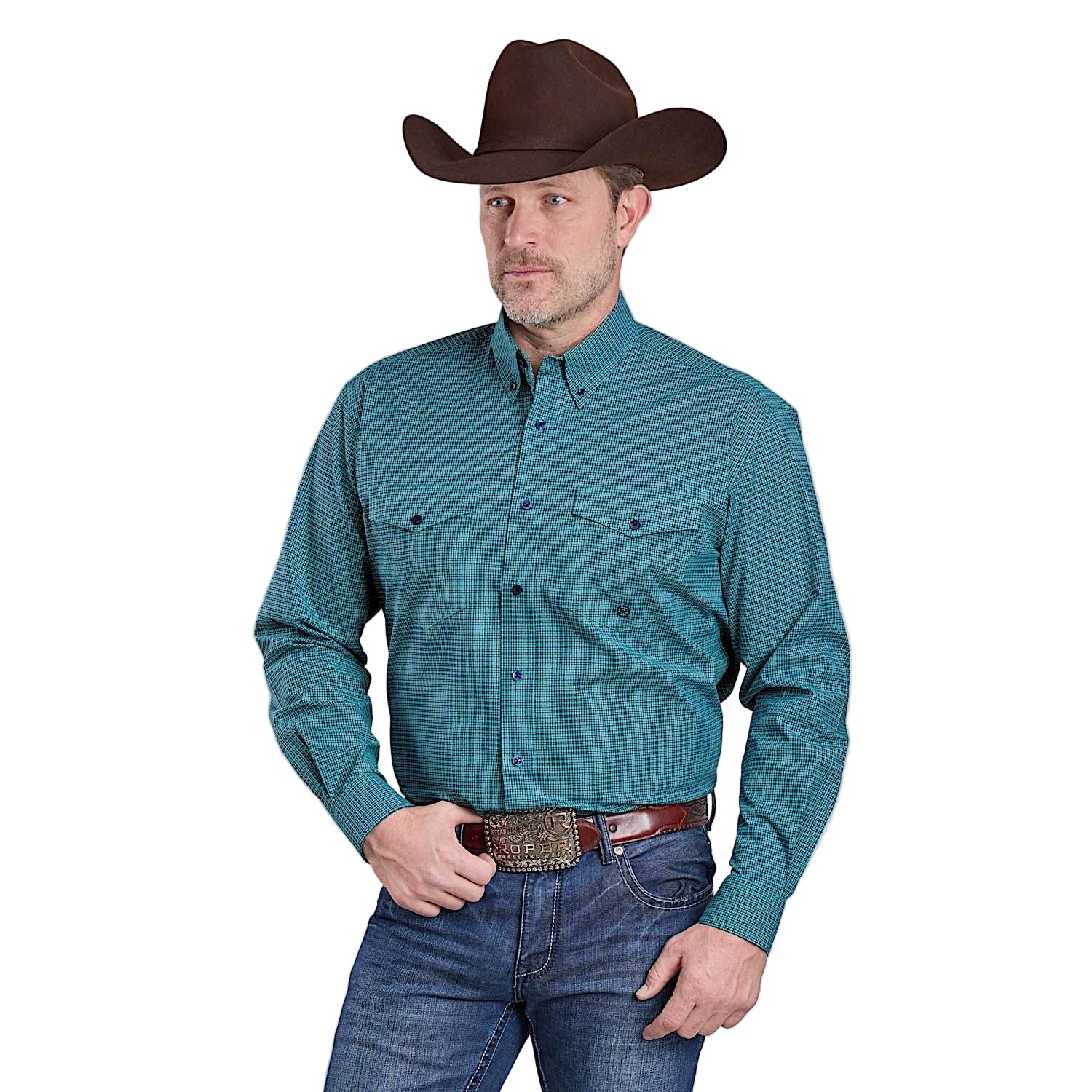 Roper Men's Amarillo Collection Long Sleeve Shirt - Green Mini Check