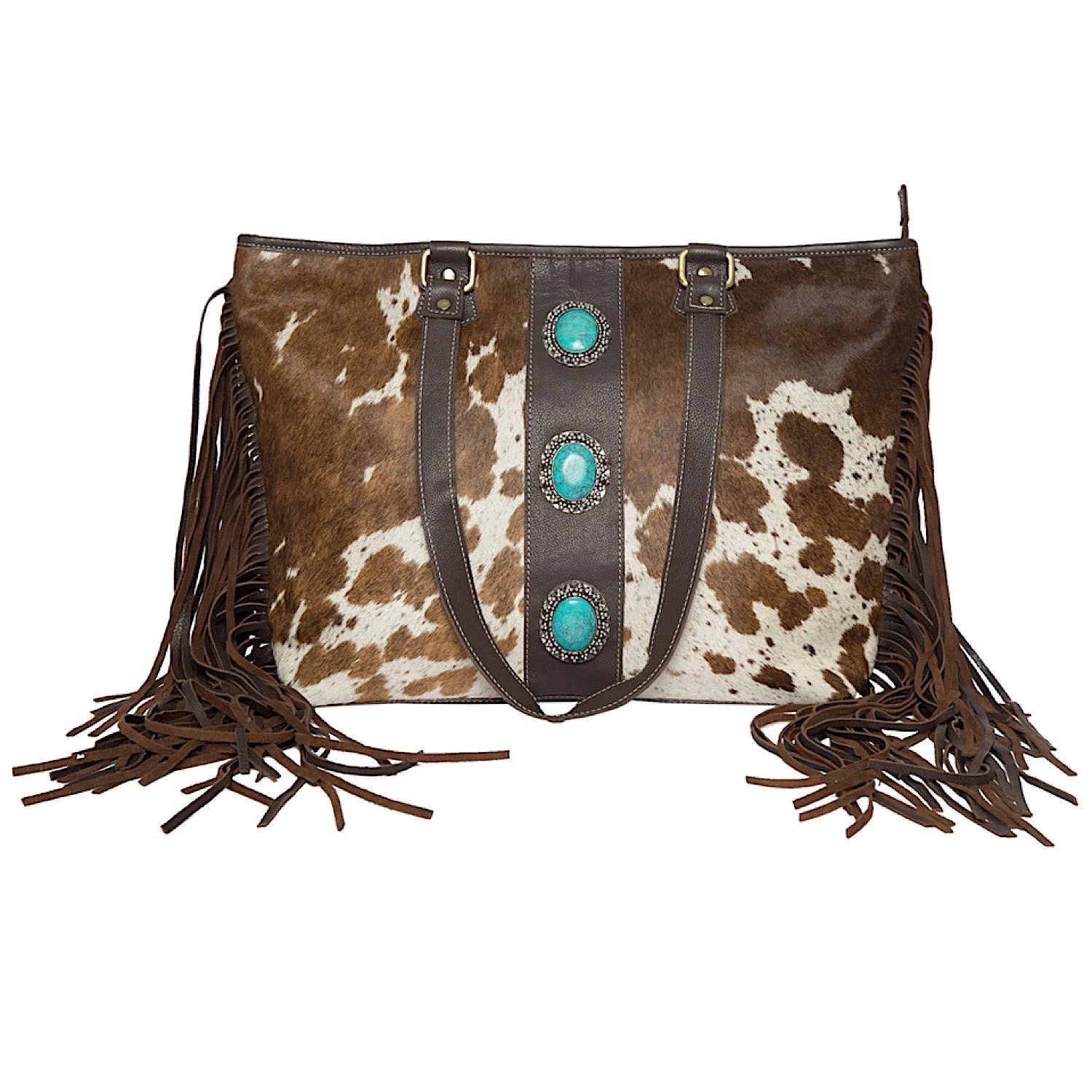 The Design Edge Women's Big Fringed Cowhide Bag Langford - Brown & White Hairon