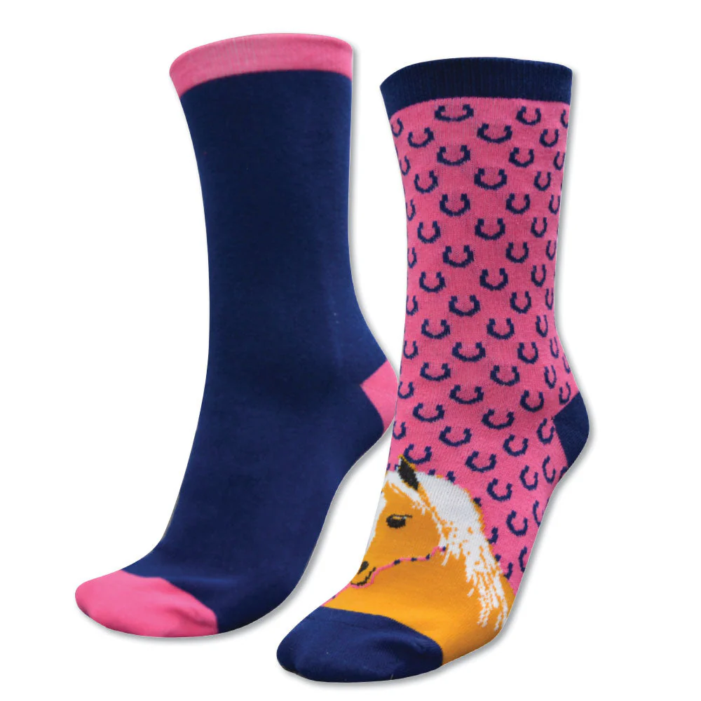 Thomas Cook Homestead Socks Twin Pack Navy/Hot Pink & Horses