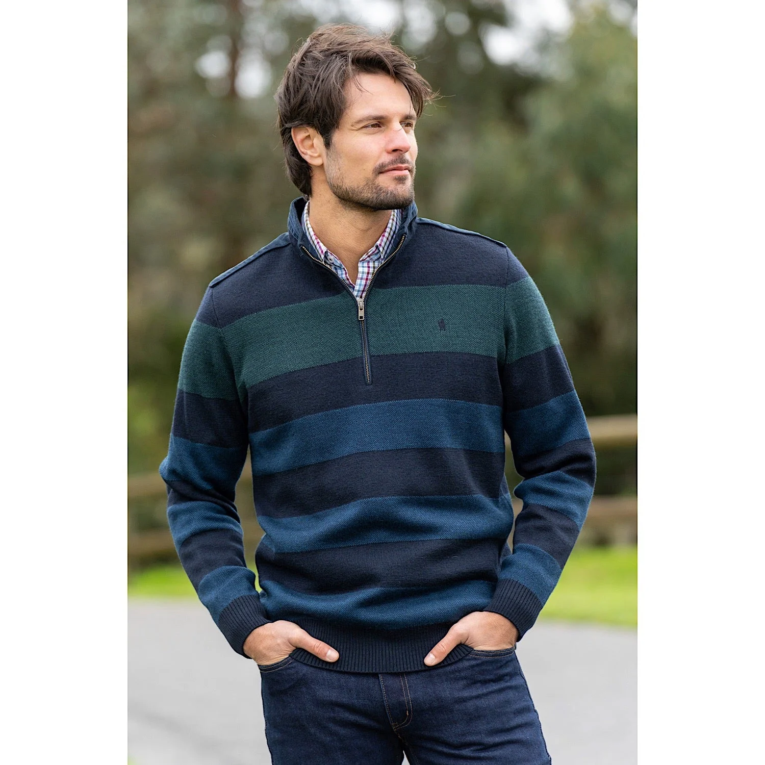 Thomas Cook Men's Settler Stripe Merino Blend 1/4 Zip Neck Jumper - Navy/Green - Image 3