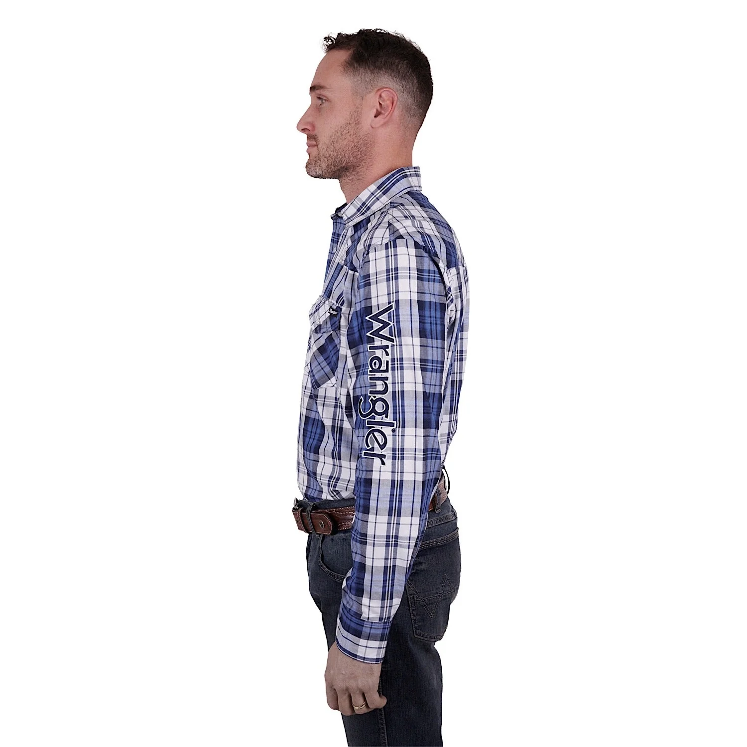 Wrangler Mens Albert Check Logo Western L/S Shirt Blue/Teal - Image 2
