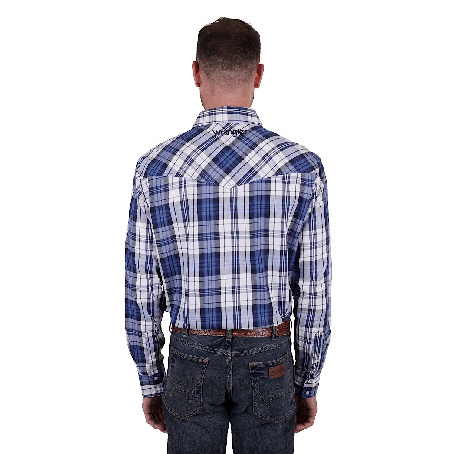Wrangler Mens Albert Check Logo Western L/S Shirt Blue/Teal - Image 3